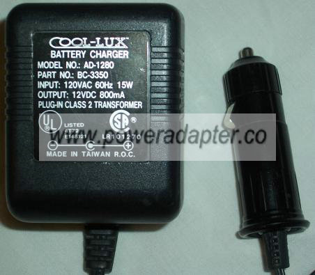 COOL-LUX AD-1280 AC ADAPTER 12VDC 800MA BATTERY CHARGER - Click Image to Close